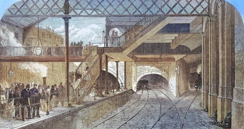 The Metropolitan Railway in 1869, railway, here Kings Cross station in London, England, Historic, digitally restored reproduction of an original 19th century master, exact original date not known