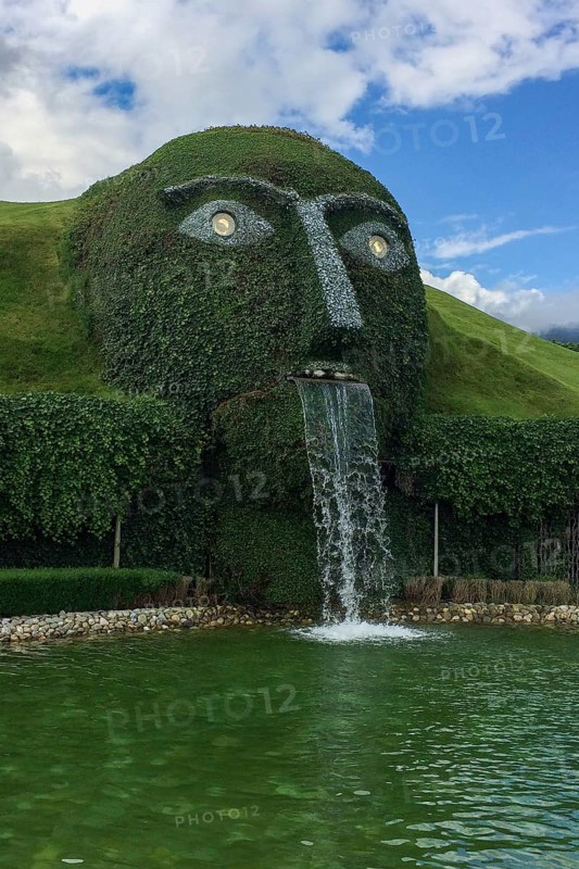 Entrance designed as a waterfall spouting head with crystal eyes Exit Entrance area to Swarovski Crystal Worlds, Wattens, Tyrol, Austria, Europe