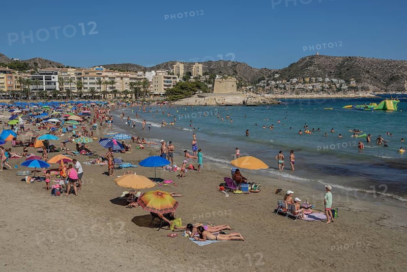 Platja de L'Ampolla Beach with fortress, Moraira, Alicante, Costa Blanca, Spain, Europe