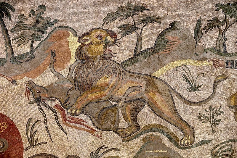 Floor mosaic of a lion tearing an antelope, corridor of the great hunt, Villa Romana del Casale, 4th century AD Roman villa, Piazza Armerina, Enna province, Sicily, Italy, Europe