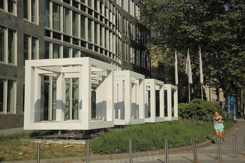 Sculpture Open Cubes by Sol LeWitt 1991, modern, art, cubes, into each other, row, Gallusanlage, city centre, Main, Frankfurt, Hesse, Germany, Europe