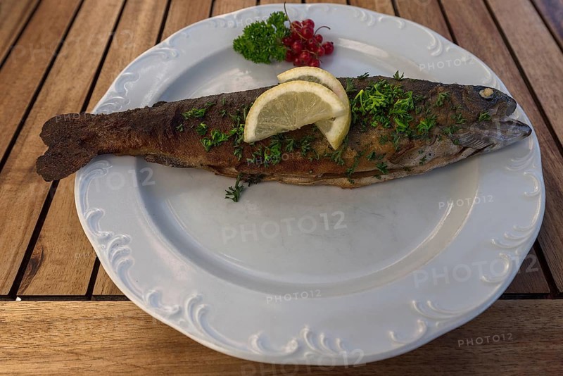 Trout Müllerin Art served in a garden restaurant, Franconia, Bavaria, Germany, Europe