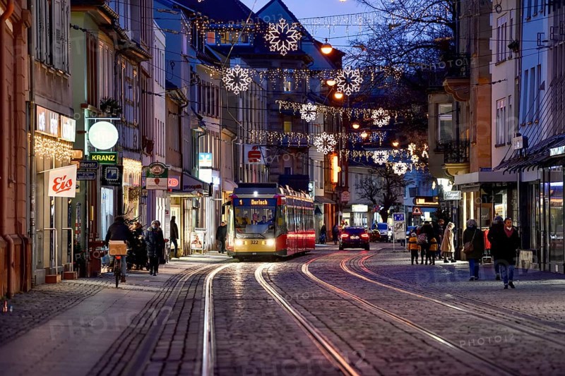 Tramway on Pfinztalstraße, Christmas lights, Karlsruhe-Durlach, Baden-Württemberg, Germany, Europe