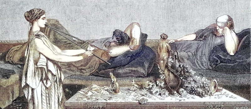 Siesta, sleeping men and a servant with a flute, 1869, Greece, Historic, digitally restored reproduction of a 19th century original, Europe