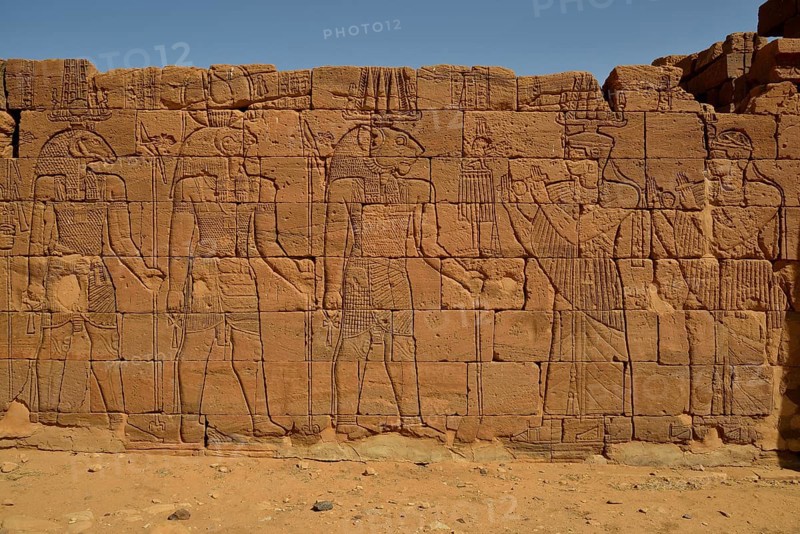 Relief of a procession with the deities Apedemak, Amun and Horus at the Lion Temple for the lion-deity Apedemak, Naga, Black Pharaohs, Nubia, Nahr an-Nil, Sudan, Africa
