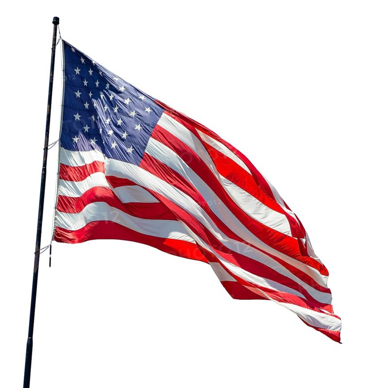 American flag waving in the wind isolated on white