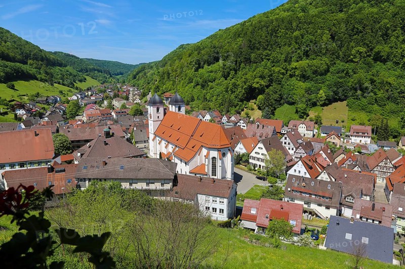 View of St. Cyriakus collegiate church built in 1466, sacral building, church towers, church, architecture, houses, Wiesensteig, Filstal, Baden-Württemberg, Germany, Europe