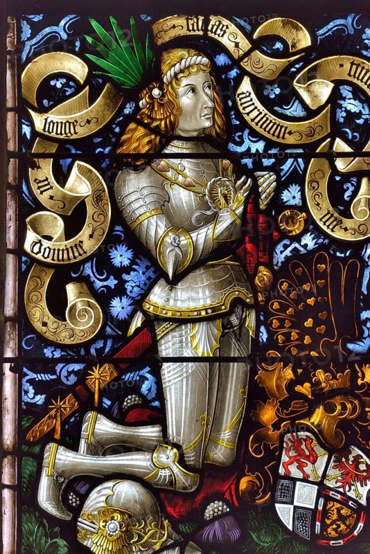 Colourful stained glass windows of Hohkönigsburg Castle, Château du Haut-Koenigsbourg, Hohenstaufen Empire castle from the 12th century, near Orschwiller, Département Bas-Rhin, Alsace, France, Europe