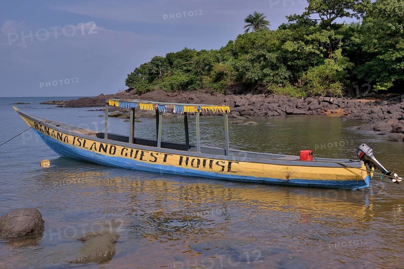Colourful excursion boat, Banana Islands, Sierra Leone, Africa