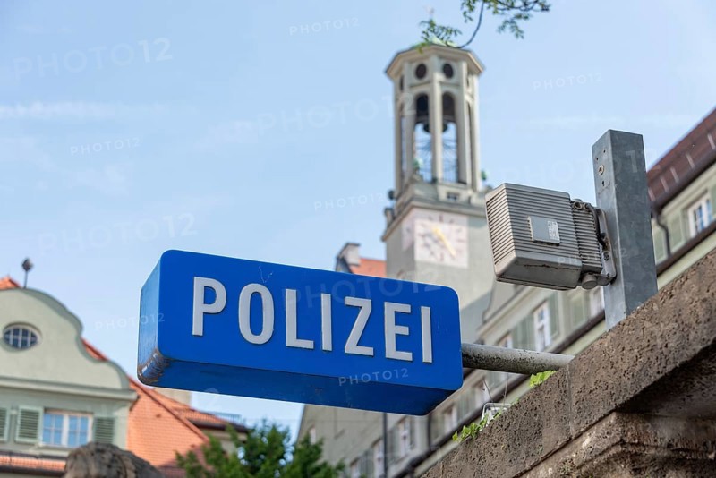 Sign with the inscription Polizei on the facade of the Munich Police Headquarters, Bavaria, Germany, Europe