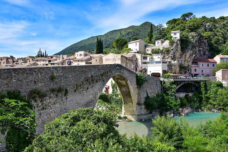 The Pont de Nyons, medieval stone arch bridge over the river Eygues in the municipality of Nyons in the Auvergne-Rhône-Alpes region in the south of France