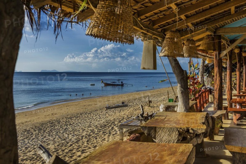 Beachbar at Klong Khong beach, beach, sea, restaurant, view, travel form, outdoor gastronomy, beach bar, empty, nobody, holiday, travel, tourism, island, beach holiday, backpacker, hippie beach, evening mood, evening sun, relax, chill, Caribbean, sun, summer, Asian, travel form, beach holiday, gastronomy, bar, Ko Lanta, Thailand, Asia