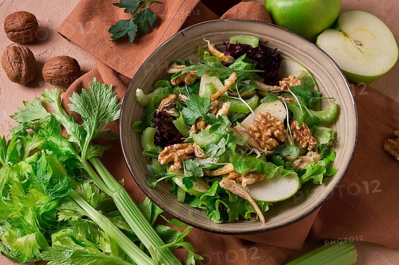 Fresh, Waldorf salad, celery stalk with chicken, apple and walnut, grapes, herbs, homemade, no people