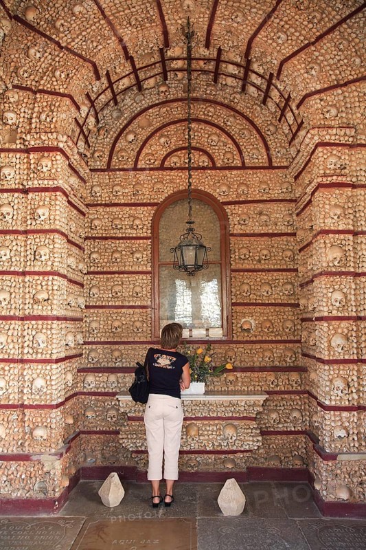 Capela dos Ossos, Bone Chapel, an ossuary in Faro, Portugal, which belongs to the 18th century Baroque Carmelite Church of Nossa Senhora do Carmo, Europe