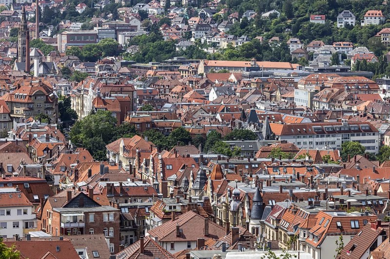 City view of Stuttgart. View of the roofs and facades of Stuttgart-Süd with Liststraße and Matthäuskirche. Stuttgart, Baden-Württemberg, Germany, Europe