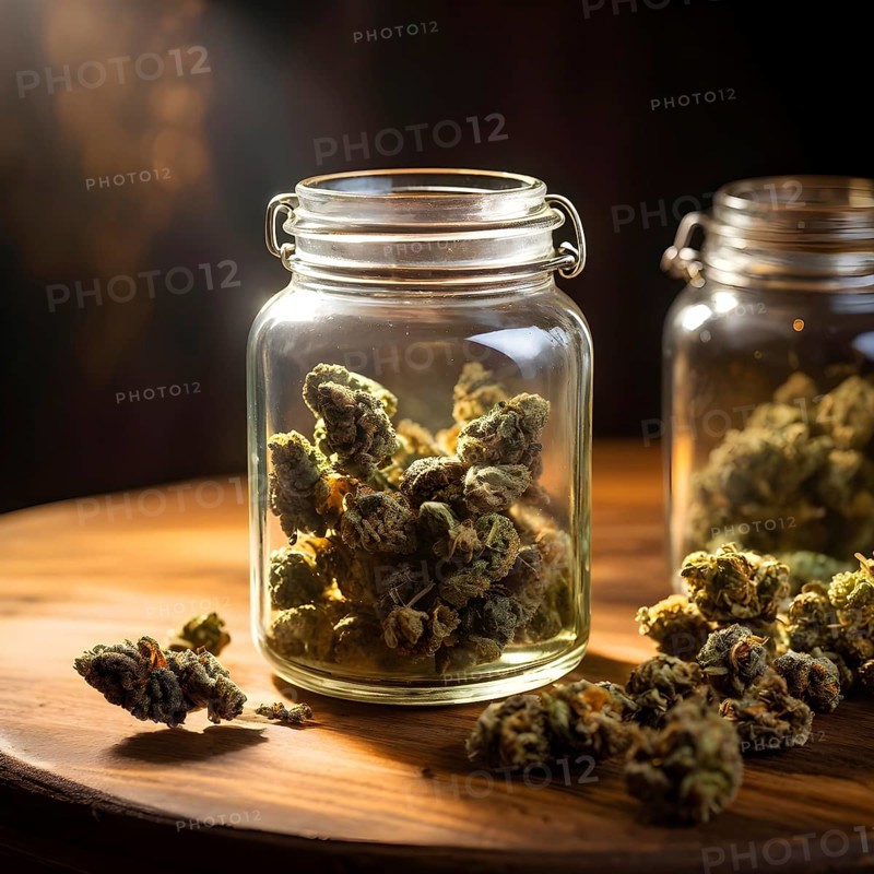 Glass jar filled with dried cannabis buds on a weathered wooden counter, AI generated