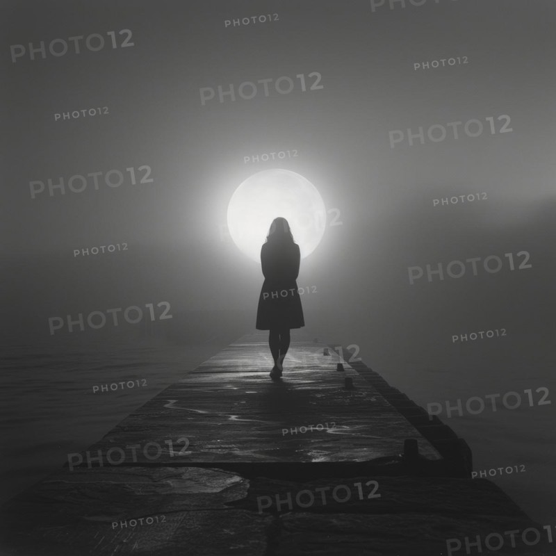 Silhouette of a lonely, sad woman on a concrete footbridge on a foggy full moon night, symbolic image for, suicidal thoughts, suicide, AI generated, AI generated, AI generated