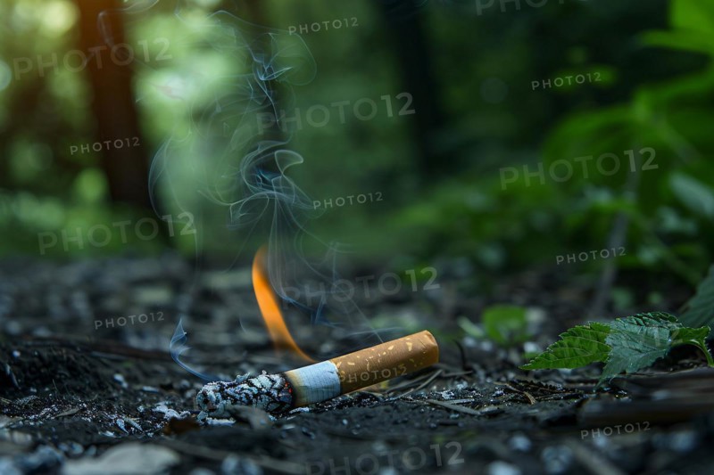 Burning cigarette butt on forest ground risking fire. KI generiert, generiert, AI generated