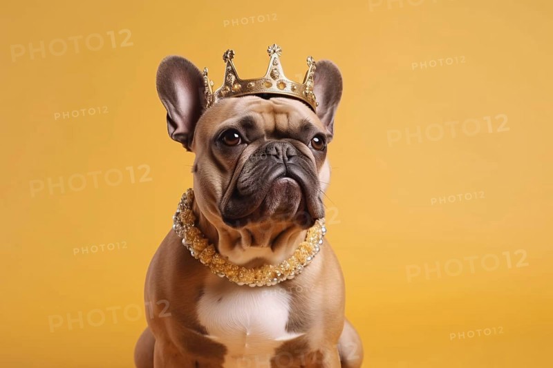 Spoiled fawn French Bulldog dog with golden crown and necklace on yellow background. KI generiert, generiert AI generated
