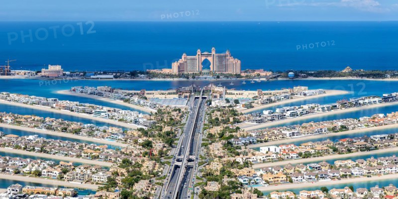 The Palm Jumeirah with Atlantis Hotel artificial island panorama from above in Dubai, United Arab Emirates, Asia