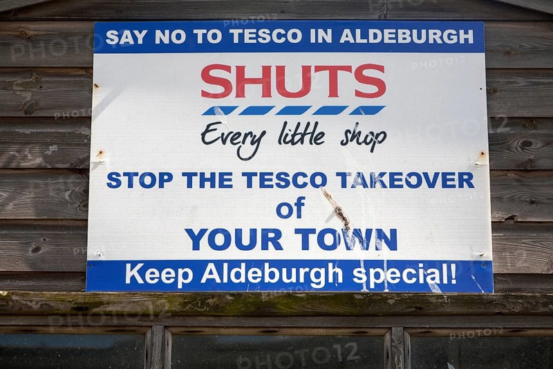 Poster sign protest against possible Tesco store in Aldeburgh, Suffolk, England, United Kingdom, Europe