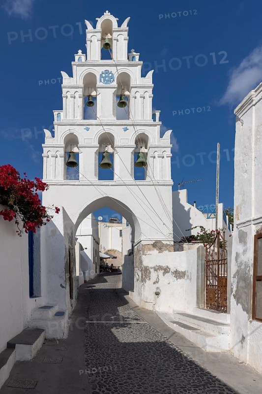 Santorini, Megalochori, bell tower of the Church of the Virgin Mary, Cyclades, Greece, Europe