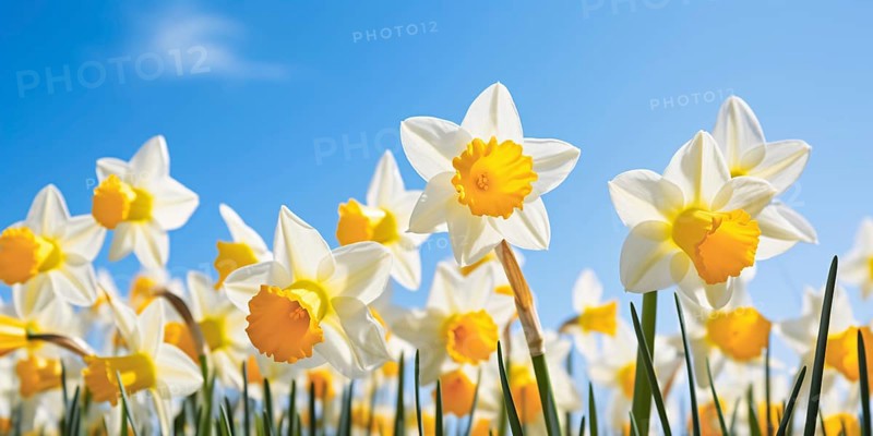 Daffodil spring flowers in front of blue sky. KI generiert, generiert AI generated