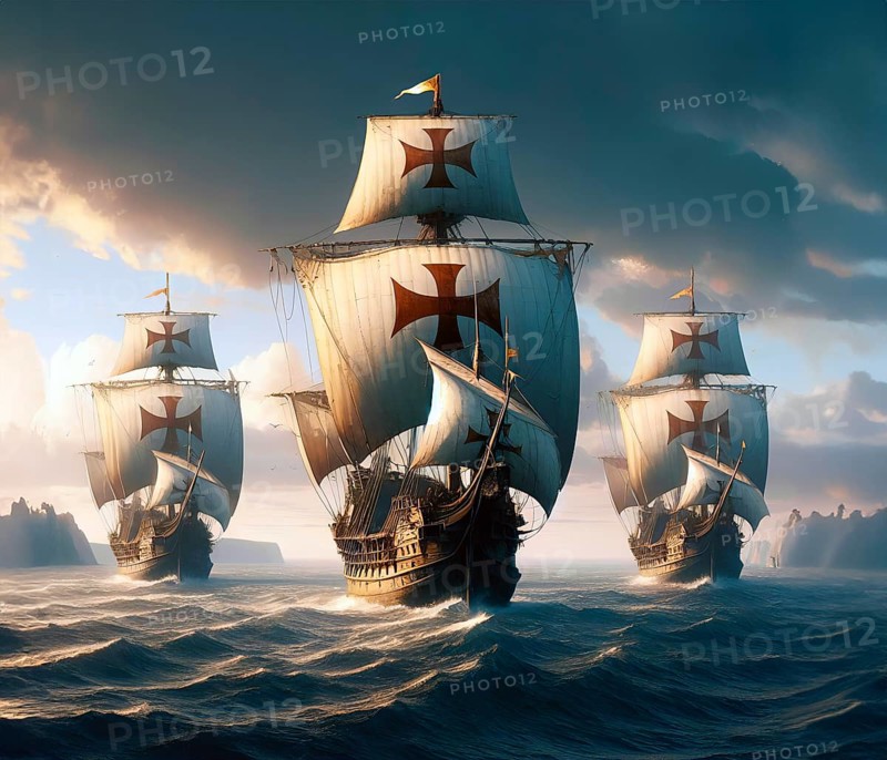 The caravels of Christopher Columbus, Christopher Columbus or Cristóbal Colón off the American coast on the ocean, AI generated, AI generated