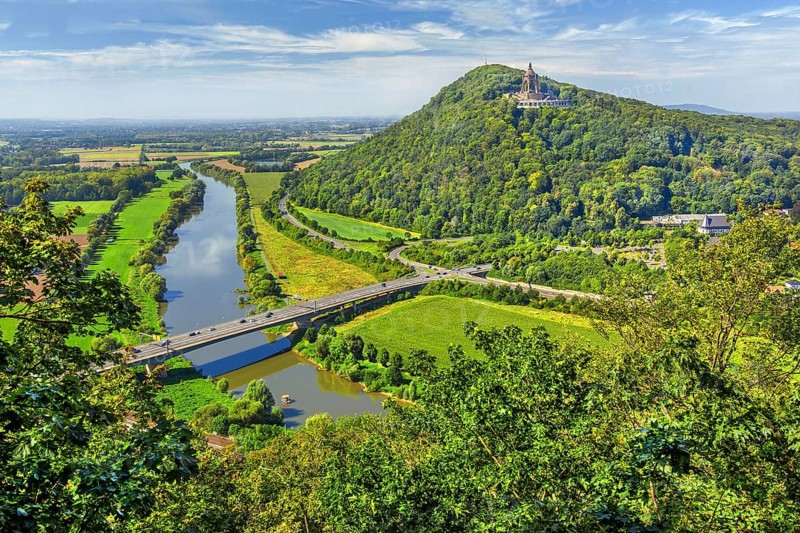 Weser breakthrough into the North German Plain with Kaiser Wilhelm Monument, Porta Westfalica, Weser. Weser valley, Weserbergland, North Rhine-Westphalia, Germany, Europe