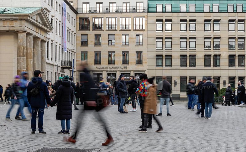 Motion blur, tourists and passers-by at Pariser Platz, Berlin, Germany, Europe