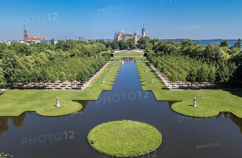 Panorama aerial view of castle Schwerin, castle grounds, lake, Schwerin, Germany, Europe