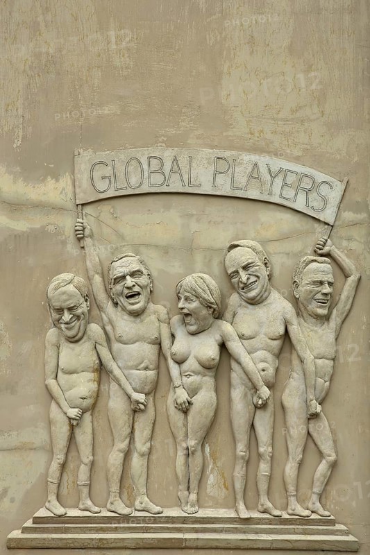 Sculpture Ludwig's Legacy by Peter Lenk 2003 from left, Hans Eichel, Gerhard Schröder, Angela Merkel, Edmund Stoiber, Guido Westerwelle, global players, politicians, five naked figures, inscription, detail, relief, town hall, Ludwigshafen, Bodman-Ludwigshafen, Überlinger See, Lake Constance, Lake Constance area, Hegau, Baden-Württemberg, Germany, Europe