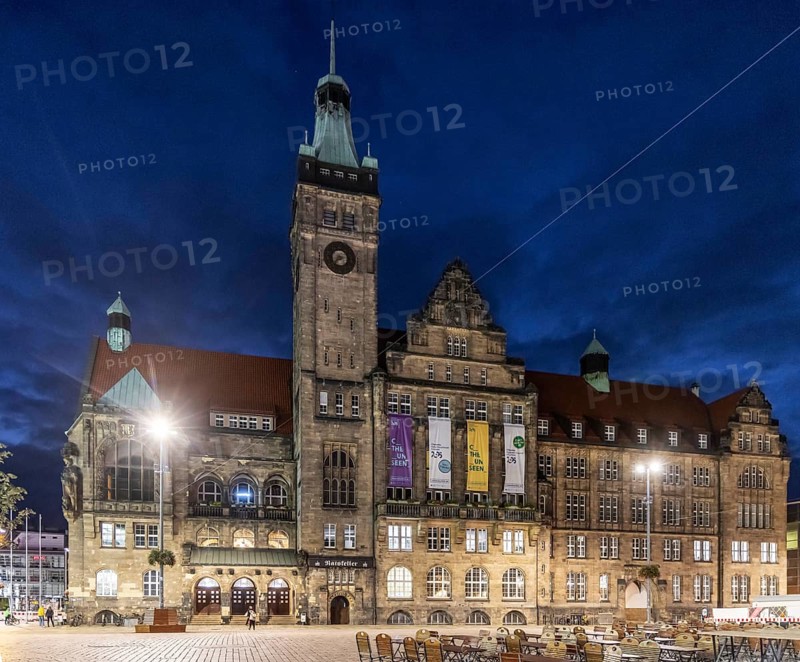 The New Chemnitz City Hall, city administration in the evening. Advertising banner for the European Capital of Culture 2025. City view of Chemnitz, Saxony, Germany, Europe