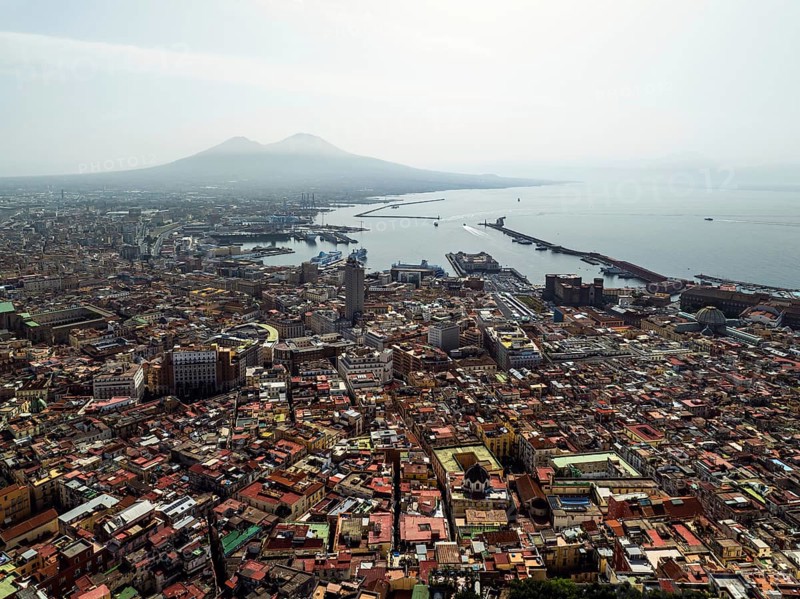 Drone view of Naples and Vesuvius from Castel Sant'Elmo, Campania, Italy, Europe