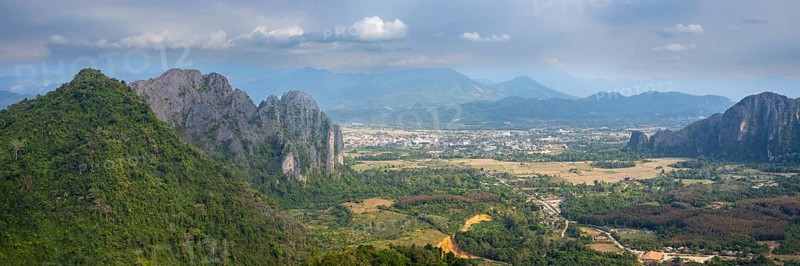 Panorama of Vang Vieng and the Kart landscape from Pha Ngern View Point, Vientiane Province, Laos, Asia
