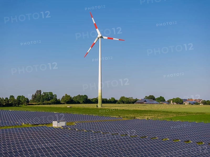 PV system in the solar park, wind turbine on the Swabian Alb. Neuselhalden wind farm near Steinheim am Albuch, Baden-Württemberg, Germany, Europe