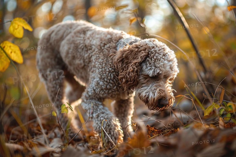 Lagotto Romagnolo dog searching for truffles in forest. Generative Ai, AI generated