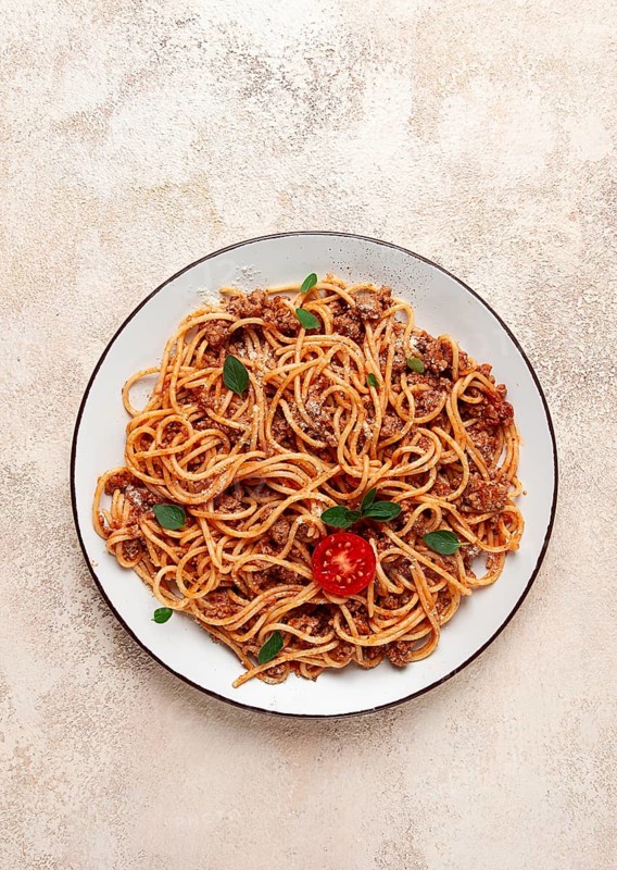 Spaghetti Bolognese, top view, close-up, no people, homemade