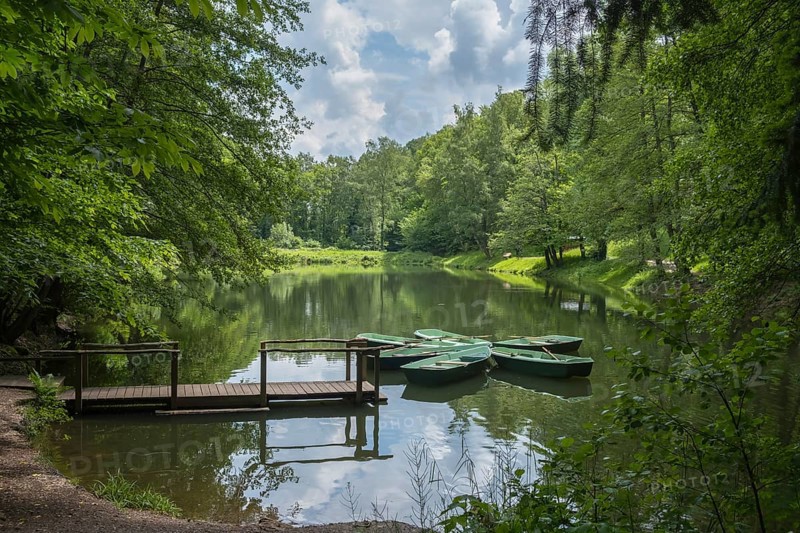 Boats anchored on the Hilschweiher, Edenkobener Tal, Palatinate Forest, Palatinate, Rhineland-Palatinate, Germany, Europe