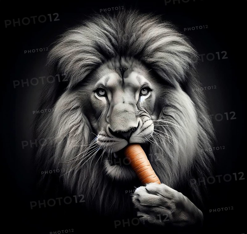 A vegetarian maned lion nibbles a carrot, AI generated, AI generated