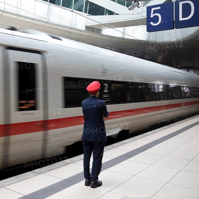 ICE at the centre platform with Deutsche Bahn staff, long-distance train station, airport, Frankfurt am Main, Hesse, Germany, Europe