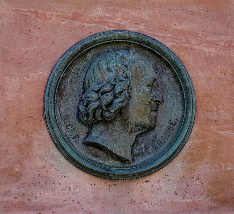 Bronze medallion of the philosopher Carl Christian Friedrich Krause by the sculptor Robert Henze, Krause monument, red sandstone obelisk, Eisenberg, Saale-Holzland district, Thuringia, Germany, Europe