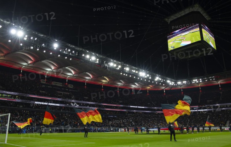Choreography with German flags, flags, flag waving, video cube, international match Germany GER vs. Netherlands NED, Deutsche Bank Park, stadium, Frankfurt am Main, Hesse, Germany, Europe