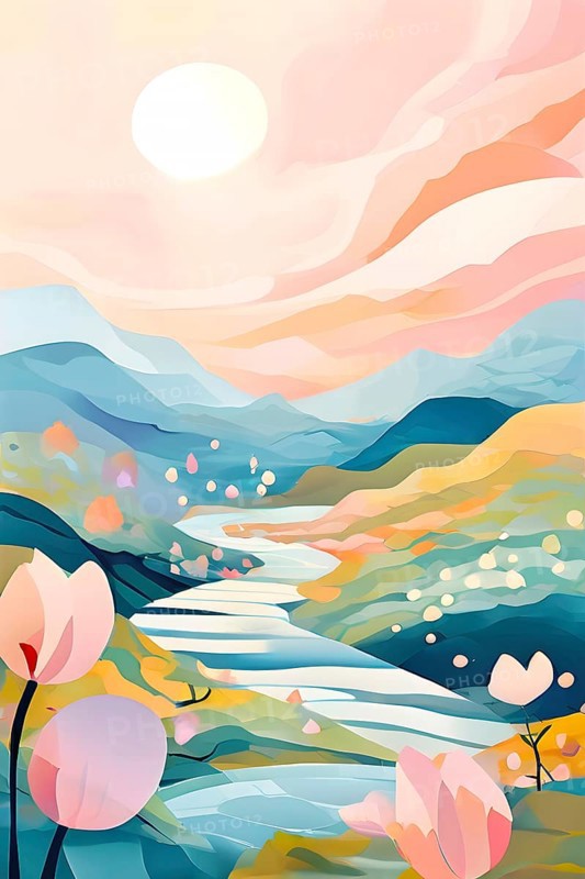 Easter-themed abstract landscape with fluid, flowing lines representing hills, flowers, and hidden eggs in soft, pastel shades, AI generated