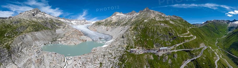Rhone glacier, valley glacier in the headwaters of the Rhone in the Swiss Alps. Melting glacier, the glacier is getting smaller and smaller. Drone photo. Obergoms, Canton Valais, Switzerland, Europe