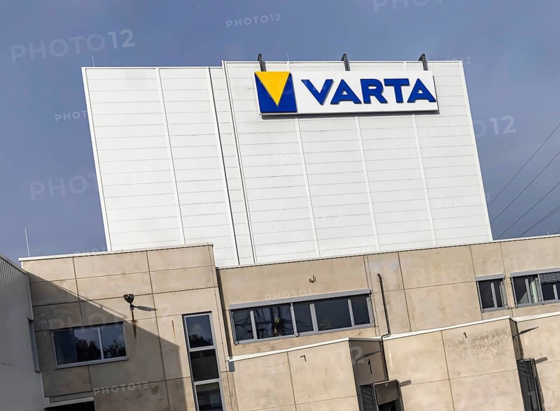 Varta, plant for the production of batteries, electromobility. Logo on the factory building. Ellwangen, Baden-Württemberg, Germany, Europe
