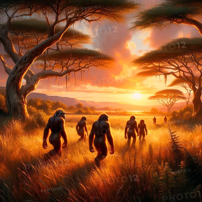 Australopithecus, prehistory, prehistory, a group of australopithecines in the prehistoric African steppe, AI generated, AI generated