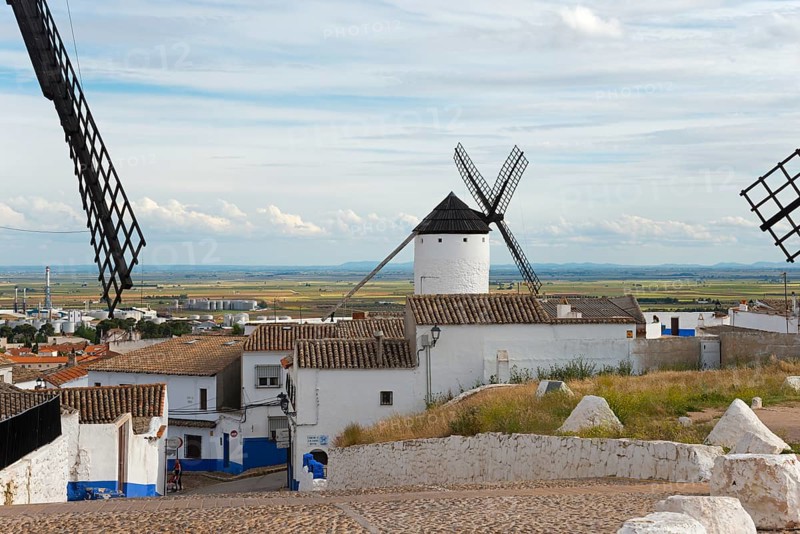Panoramic view of a village with windmills and white and blue houses, Campo de Criptana, Ciudad Real province, Castilla-La Mancha, Don Quixote Route, Spain, Europe