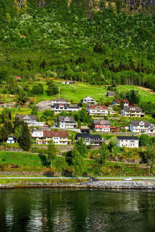 Mountains and Fiord over Norwegian Village, Olden, Innvikfjorden, Norway, Europe