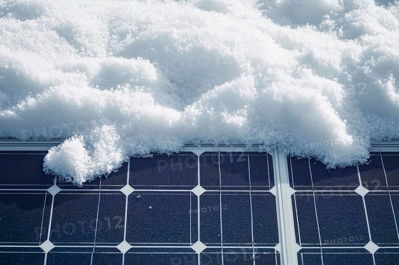 Close up of snow on photovoltaic solar cells. Concept for problem with solar energy during winter with lack of sunlight, Generative AI, AI generated